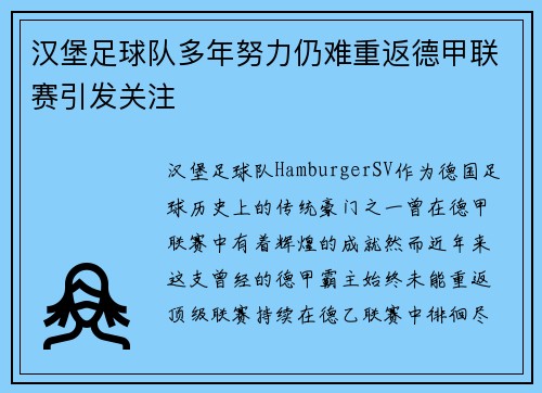 汉堡足球队多年努力仍难重返德甲联赛引发关注